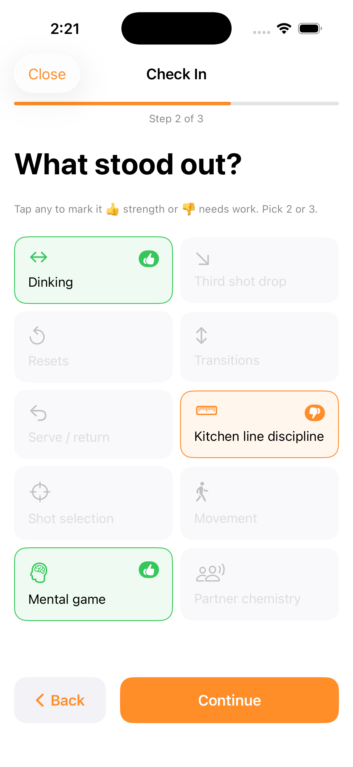 PostPoint check-in screen with a grid of pickleball tags, each marked green for strength or orange for needs work